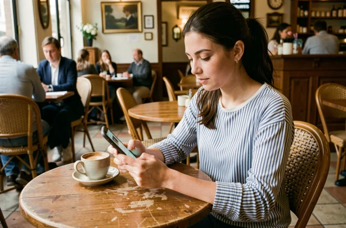 Jeune femme accédant à sa messagerie académique de Montpellier sur smartphone dans un café