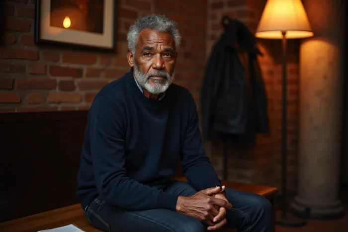 Acteur américain en pull marine assis dans une loge de théâtre, feuilletant un script dans une atmosphère intimiste et professionnelle