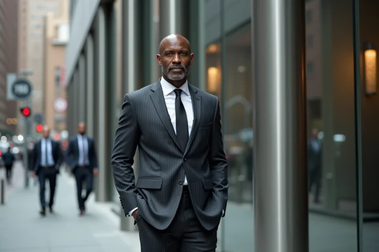 Homme élégant en costume gris anthracite debout dans une rue de Manhattan, illustrant la stature et le style d'un acteur hollywoodien de renom