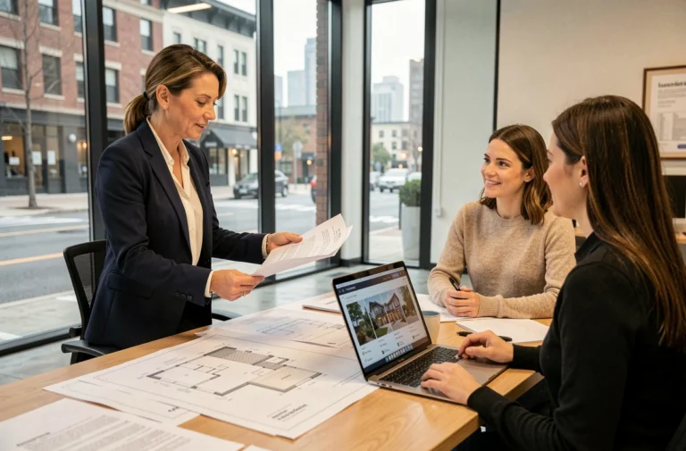 Agent immobilière présentant des documents d'investissement à un couple dans une agence immobilière moderne