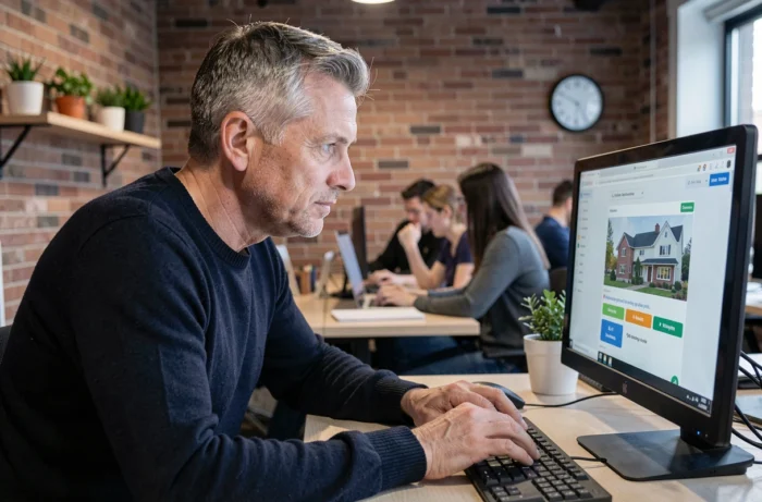 Homme analysant une plateforme de location immobilière en ligne dans un espace de coworking