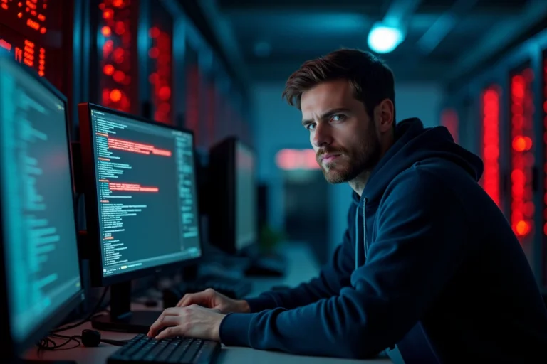 Analyste en cybersécurité examinant des alertes de virus informatique sur plusieurs écrans dans une salle de serveurs
