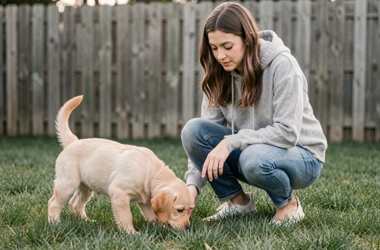 Jeune femme encourageant son chiot golden retriever de 2 mois à faire ses besoins dehors sur la pelouse