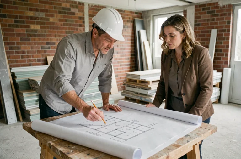 Architecte et collègue examinant des plans de rénovation sur un chantier immobilier