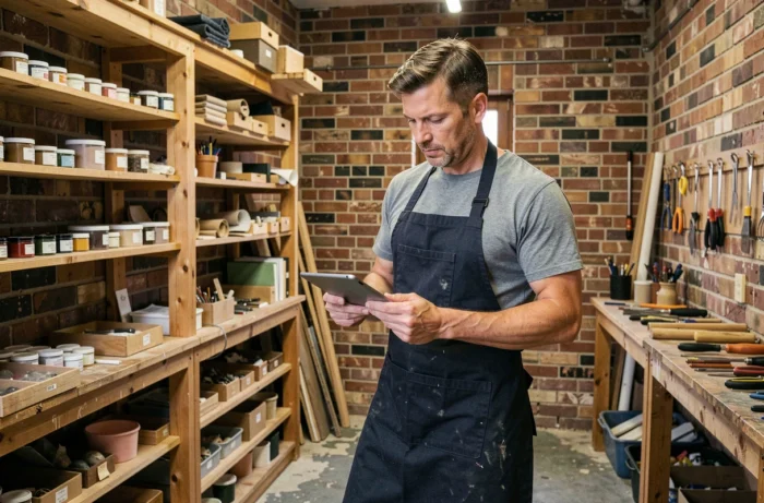 Artisan auto-entrepreneur consultant sa tablette pour gérer son activité dans son atelier de fabrication