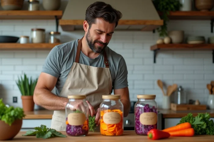 Homme préparant des légumes en bocaux pour débuter la lacto-fermentation maison dans sa cuisine