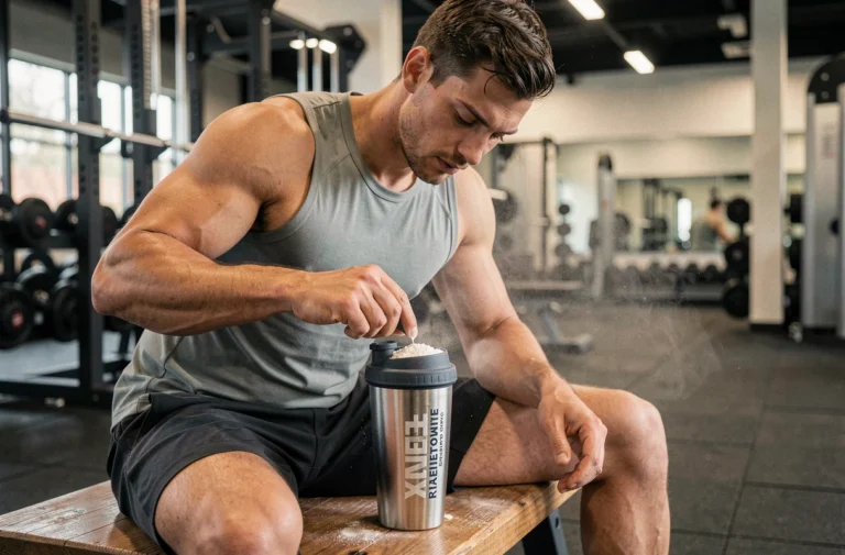 Athlète masculin mesurant une dose de protéine whey dans un shaker en salle de sport, illustrant la préparation nutritionnelle avant l'entraînement