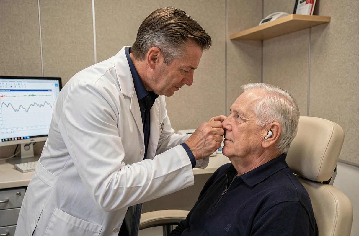Audiologiste ajustant un appareil auditif à un patient senior dans un cabinet audiologique professionnel