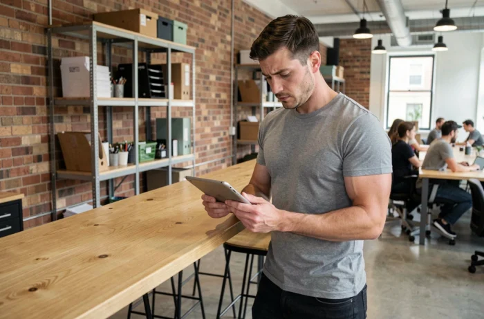Jeune auto-entrepreneur consultant une liste de conformité légale sur tablette dans un espace de coworking