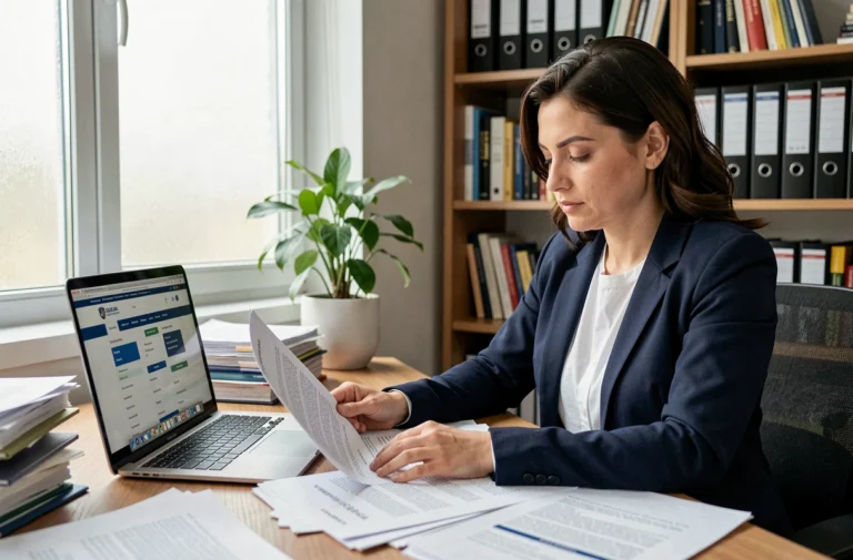Auto-entrepreneuse consultant ses obligations juridiques en ligne depuis son bureau à domicile