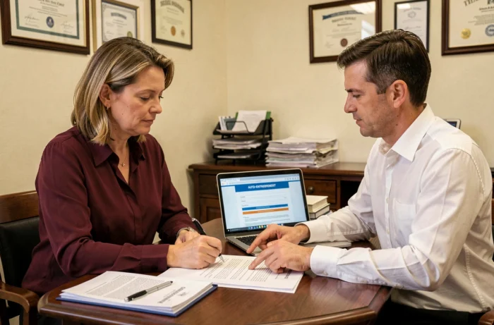 Auto-entrepreneuse en réunion avec un conseiller juridique pour comprendre ses obligations administratives en ligne
