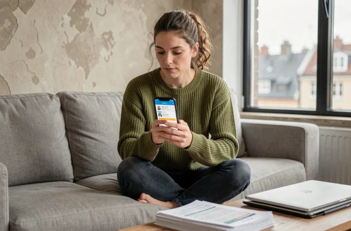 Jeune femme consultant les avis sur Zelok depuis son smartphone avant de soumettre son dossier de location