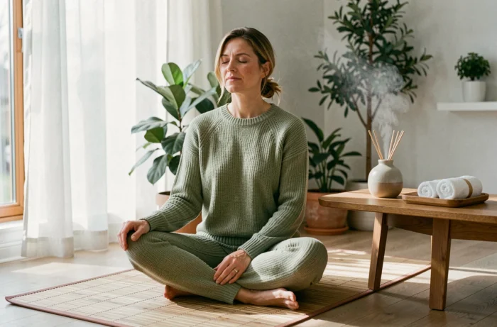 Femme pratiquant la pleine conscience entourée d'accessoires bien-être dans un salon lumineux et naturel