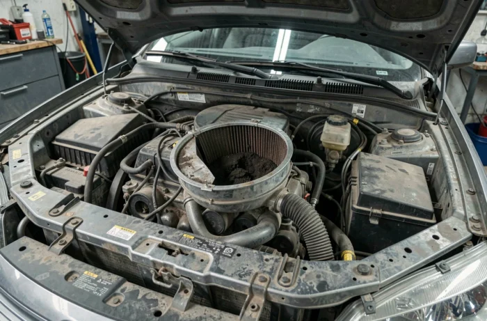 Capot de voiture ouvert montrant le boîtier du filtre à air démontré avec un filtre visiblement sale et noirci à l'intérieur