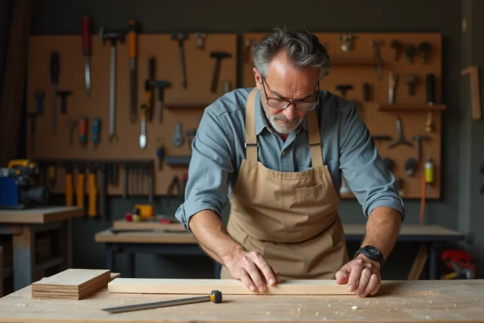 Homme bricoleur mesurant une planche en bois dans un atelier de garage avec outils et établi, conseils rénovation maison