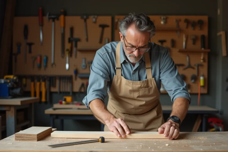 Homme bricoleur mesurant une planche en bois dans un atelier de garage avec outils et établi, conseils rénovation maison