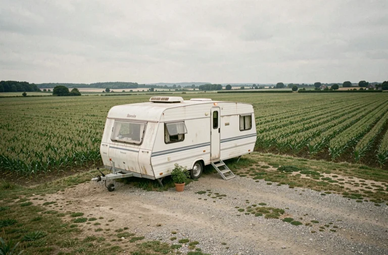 Caravane blanche installée à l'année sur un terrain agricole loué en milieu rural français