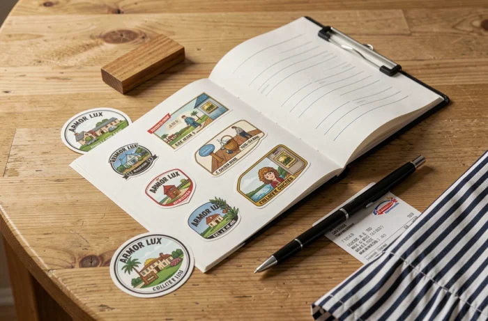 Carnet de vignettes Intermarché Armor Lux 2026 ouvert sur une table avec stickers et vêtement breton