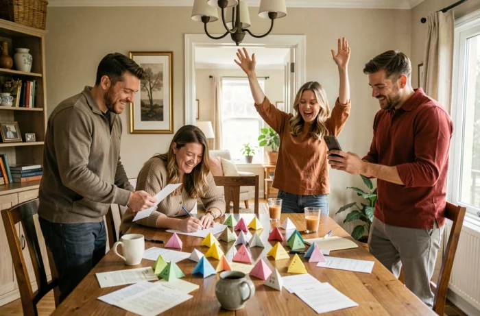 Groupe d'adultes en pleine carte blanche créative et spontanée lors d'une soirée jeux de cocotte en papier
