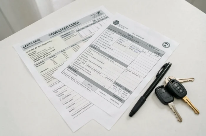 Gros plan sur une carte grise, un formulaire cerfa de cession de véhicule et des clés de voiture posés sur une table blanche pour une déclaration administrative