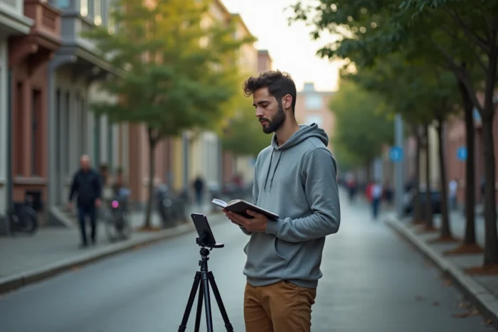 Homme écoutant et enregistrant les sons de son quartier pour créer une cartographie sonore urbaine