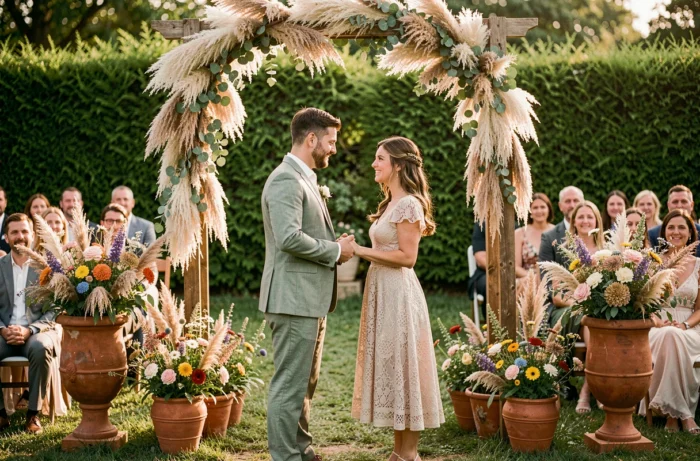 Couple échangeant leurs vœux lors d'une cérémonie de mariage en plein air avec décoration botanique tendance 2024