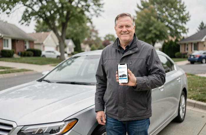 Homme consultant le site ANTS sur son smartphone pour effectuer une déclaration de cession de véhicule à côté de sa voiture dans une allée résidentielle