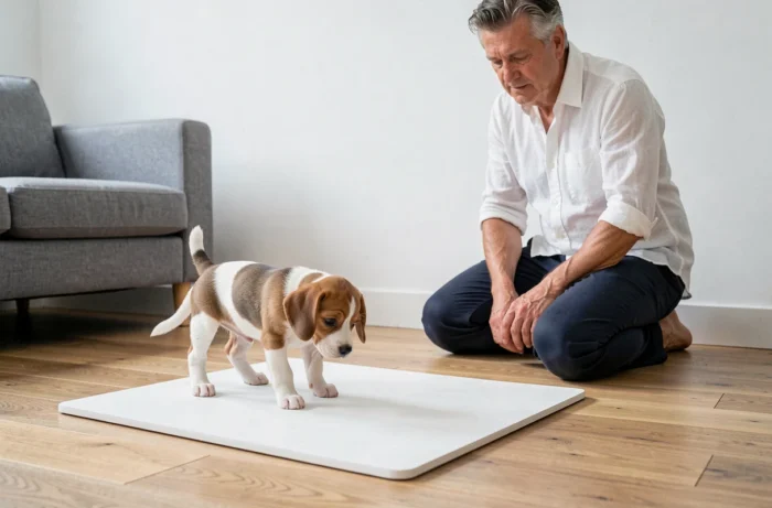 Chiot beagle de 2 mois debout sur un tapis d'apprentissage de propreté dans un appartement moderne