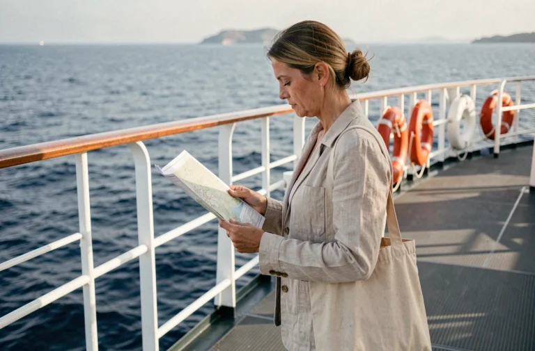 Femme sur le pont supérieur d'un ferry consultant un plan des emplacements pour choisir sa place idéale