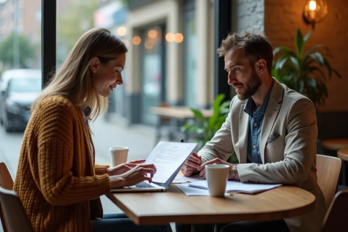 Deux professionnels analysant un CV et des offres d'emploi ensemble dans un café urbain