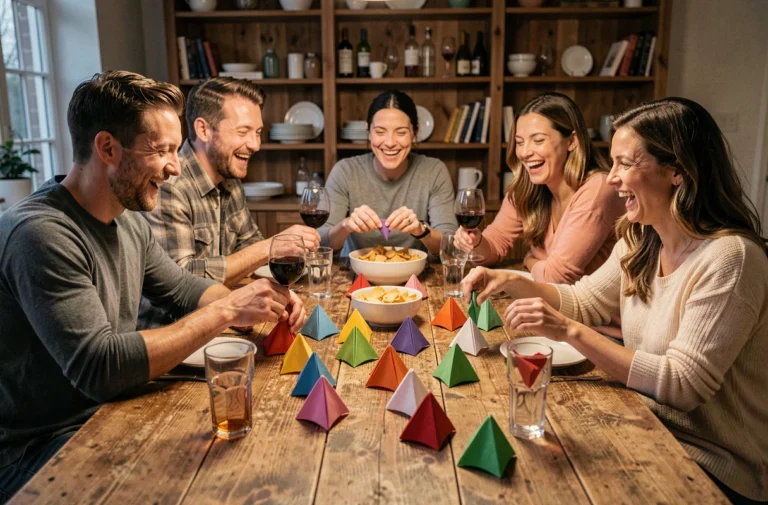 Groupe d'adultes autour d'une table couverte de cocottes en papier colorées lors d'une soirée entre amis
