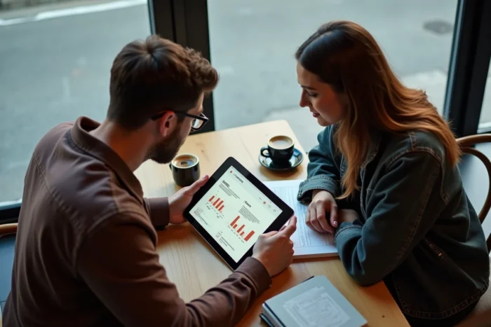 Deux créateurs de contenu collaborant sur une stratégie de monétisation avec Robthecoins autour d'une tablette dans un café urbain