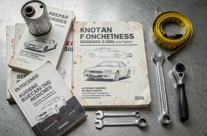 Collection de livres de revue technique automobile posés sur un établi de mécanicien