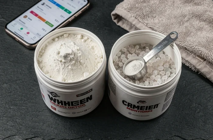 Vue rapprochée de deux contenants de suppléments sportifs côte à côte, whey protéine et créatine monohydrate, illustrant les différences visuelles entre les deux compléments alimentaires