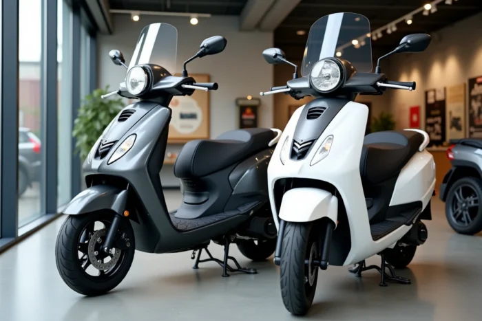 Deux maxi-scooters côte à côte dans une concession pour comparer les modèles autoroutiers