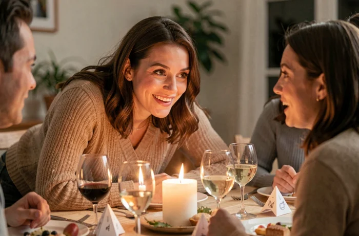 Femme faisant un compliment sincère à une amie lors d'un jeu de soirée autour d'une table