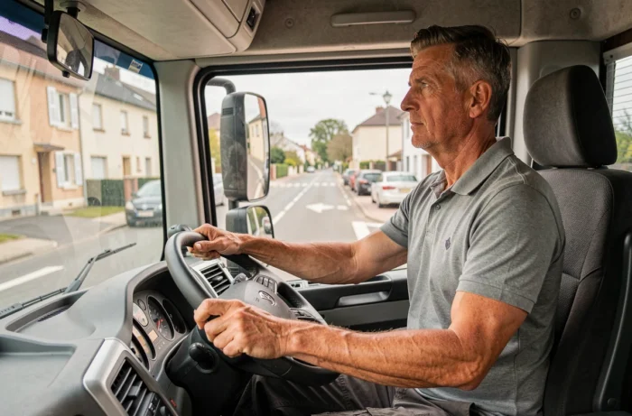 Conducteur passant son examen pratique en poids lourd sur route pour obtenir la suppression du code 79