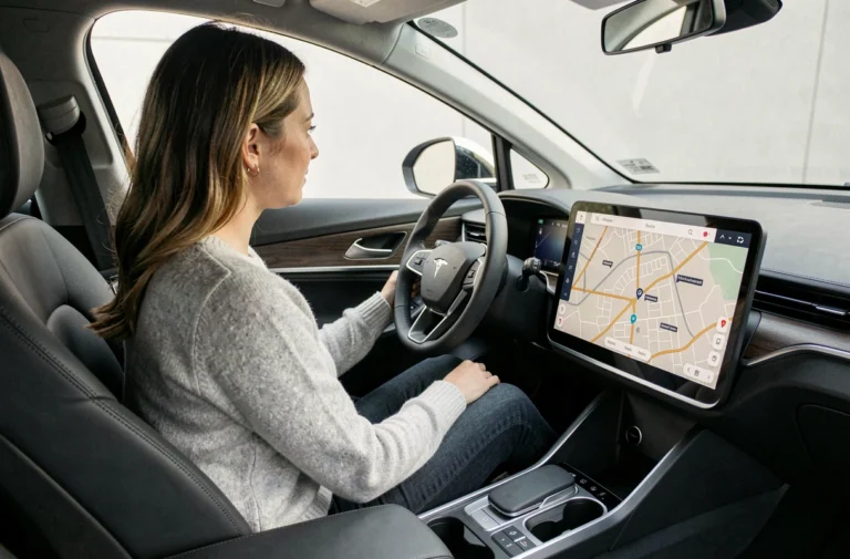 Conductrice en voiture électrique consultant un itinéraire intelligent sur l'écran tactile du tableau de bord