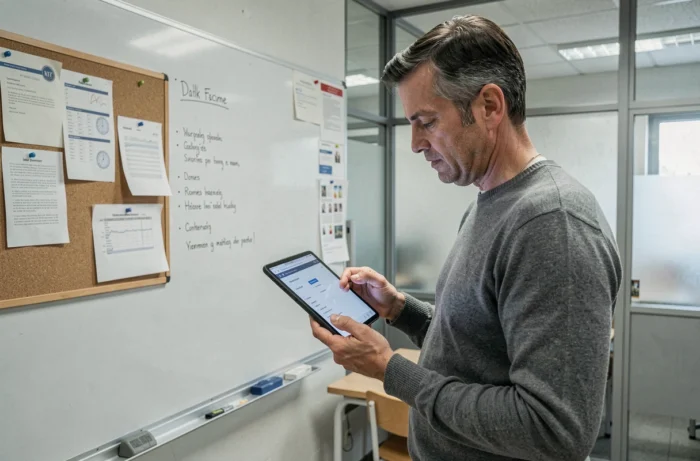 Enseignant configurant le webmail académique sur une tablette dans une salle des professeurs
