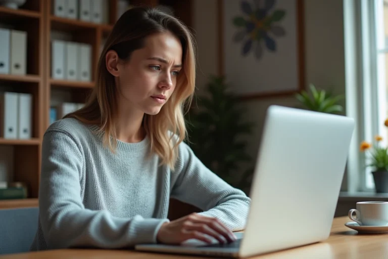 Femme cherchant à se connecter à son espace client MyCitya sur un ordinateur portable dans un bureau à domicile