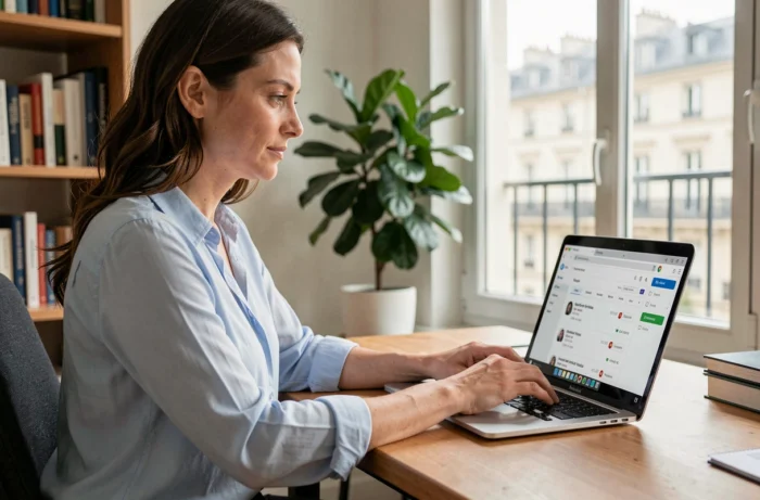 Femme connectée au webmail de l'académie de Montpellier sur un ordinateur portable dans un bureau à domicile