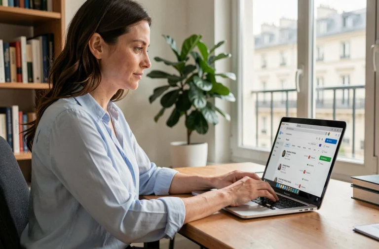 Femme connectée au webmail de l'académie de Montpellier sur un ordinateur portable dans un bureau à domicile