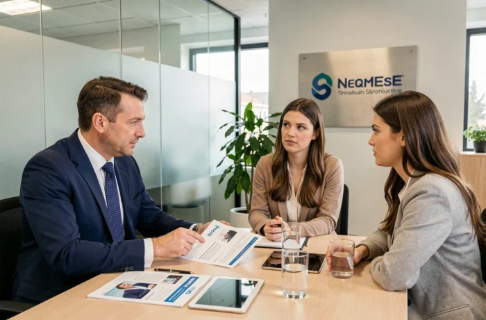 Conseiller en assurance présentant des offres à un couple dans une agence professionnelle