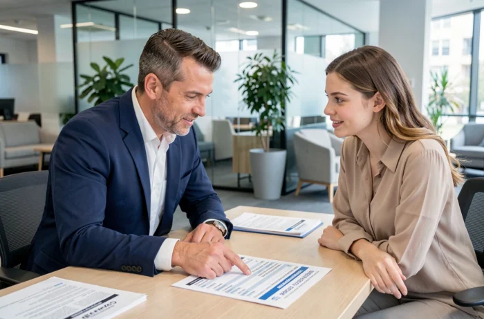 Conseiller bancaire présentant les meilleurs taux de prêt immobilier à une cliente dans une agence moderne