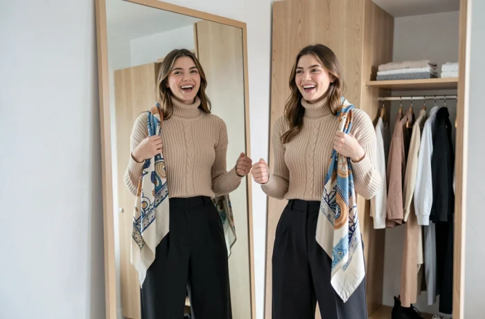 Jeune femme essayant des accessoires devant un miroir dans une chambre minimaliste, conseils mode personnalisés
