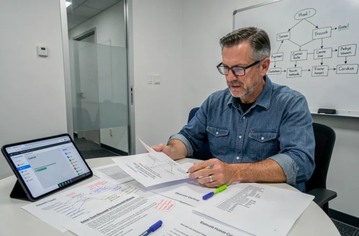 Consultant SEO examinant des documents de sitemap imprimés avec annotations dans une salle de réunion