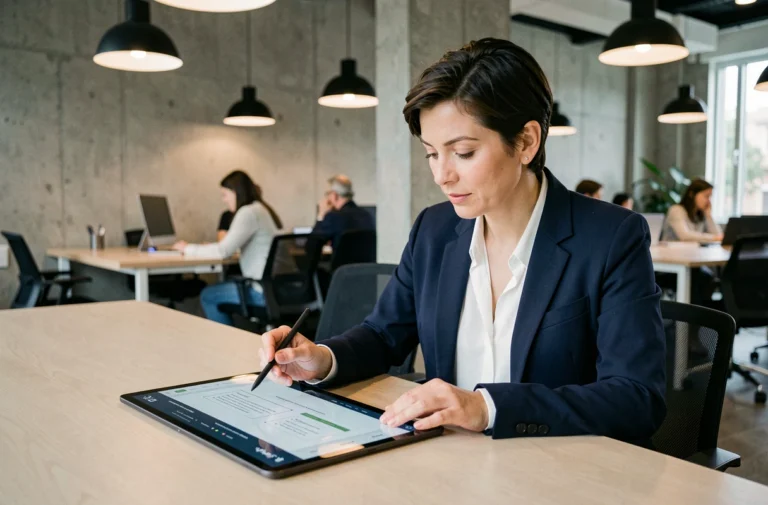 Consultante en agence web analysant des maquettes de site professionnel sur une tablette dans un bureau moderne
