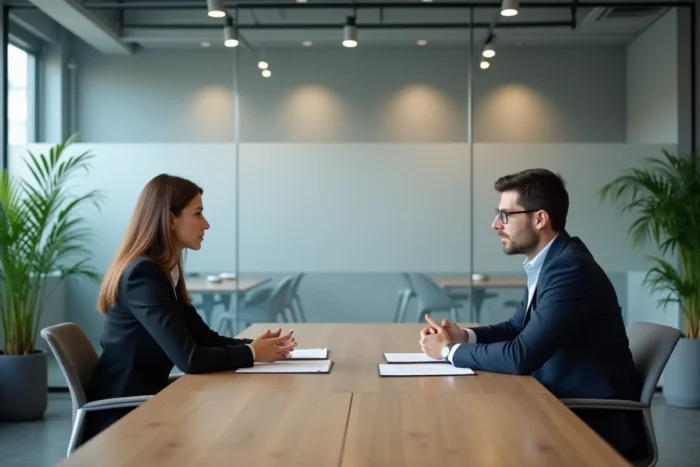 Deux adultes en consultation avec un professionnel du droit pour entamer une procédure légale de distanciation parentale