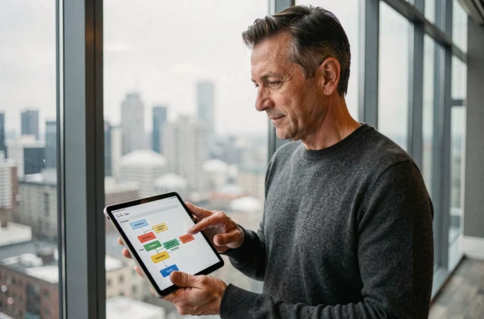 Homme consultant le plan de navigation d'un site web sur une tablette face à une fenêtre urbaine