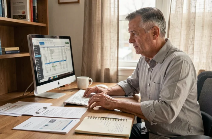 Homme consultant des registres officiels en ligne pour trouver l'adresse du siège social d'une société depuis son bureau à domicile